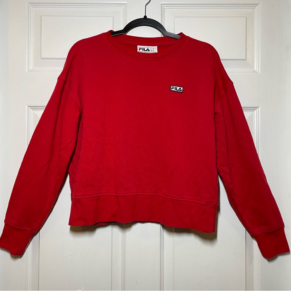 FILA Vintage Womens Medium Semi Cropped Pullover Sweatshirt Red With LOGO